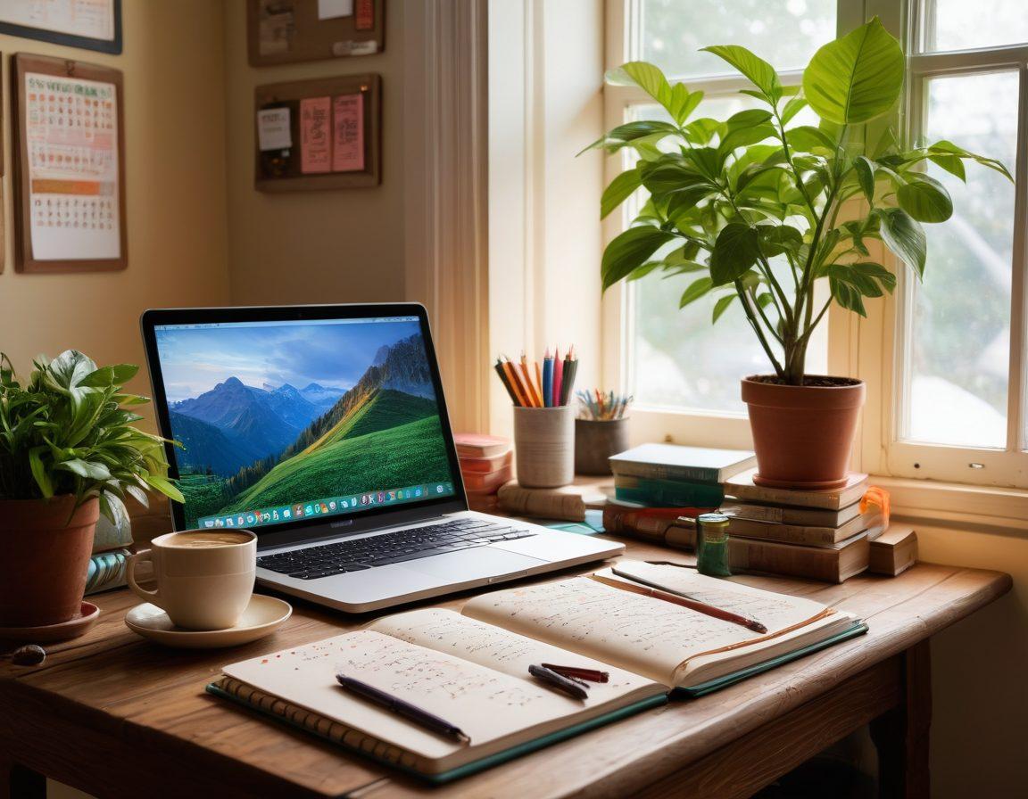 A cozy and inviting workspace featuring a wooden desk cluttered with open notebooks, colorful pens, and a laptop displaying vibrant writing software. In the background, a bulletin board filled with inspirational quotes from famous authors and imagery of books. Soft light streaming in from a window, highlighting a steaming cup of coffee next to a blooming plant. super-realistic. warm tones. vibrant colors.