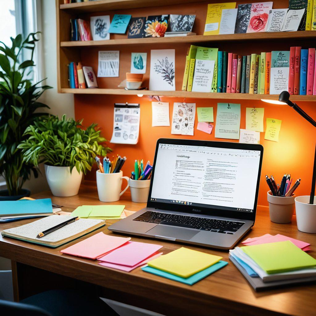 A beautifully organized workspace featuring a laptop with an open digital article, surrounded by colorful sticky notes, a cup of coffee, and artistic tools like pencils and sketchbooks. Soft, warm lighting creates an inviting atmosphere, while a burst of colorful ideas flows from the laptop screen in the form of creative doodles and illustrations. The background hints at a cozy room filled with vibrant plants and bookshelves. vibrant colors. super-realistic.